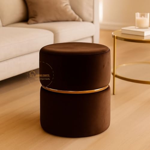 Image of JUMBO CRAFTS Wooden Puffy Stool for Living Room Round Footstool - Ottoman Stool for Living Room Furniture Round Ottoman - Sitting Pouffe Ottoman Stool /Room Dcor /Office Stool - (Set of 2 Brown)