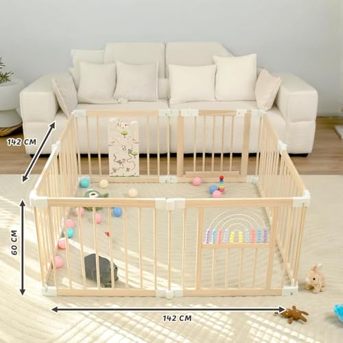 Baby Laufstall,Sicherer&Stabiler Großes Faltbares Babys Laufgitter, Holz Laufstall, nachhaltiger Laufstall Fröhliche Krabbelbereich für 1-3 Jahren Babys&Kleinkinder(146 * 146 * 61CM)