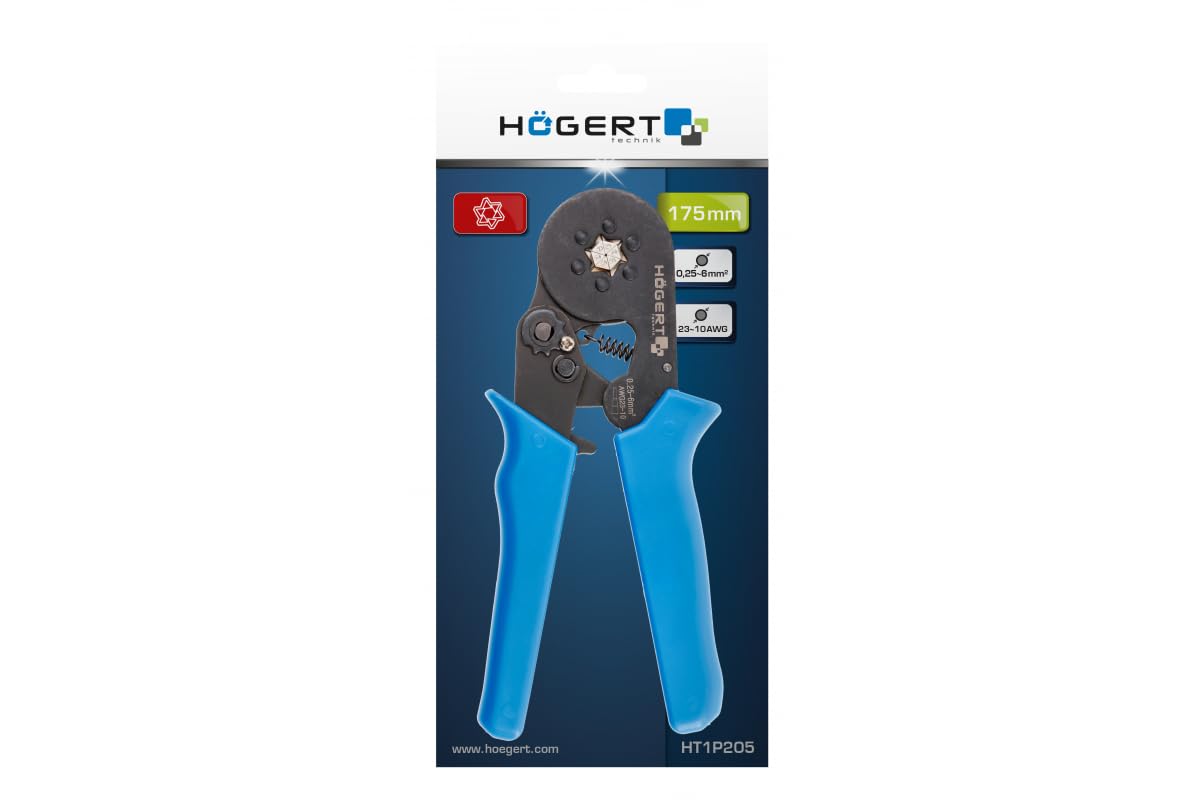 HÖGERT TECHNIK Szczypce zaciskowe do tulejek cienkościennych, 0,25-6,0 mm² (23-10 AWG), 175 mm, narzędzie do wyciskania sześciokątnego, wytrzymała konstrukcja i ergonomiczny uchwyt zapewniają
