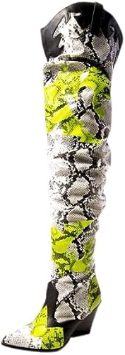 Cape Robbin Hilda Cowboy Boots Women, Over The Knee Western Cowgirl Boots with Chunky Block Heels, Neon Faux Snakeskin Booties - Black Size 10