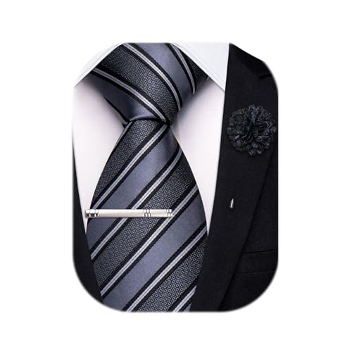 Image of Hi-Tie 63 inches Striped Paisley Extra Long Ties for Men Silk Necktie with Lapel Pin Tie Clip Big and Tall Men Formal Wedding
