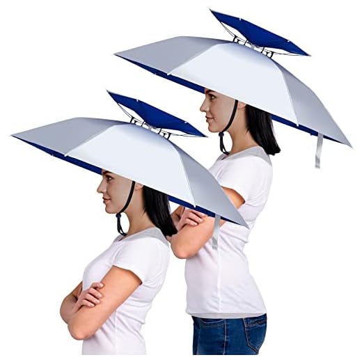 Amylove 2 Pcs 37'' Diameter Large Umbrella Hat for Adults Kids Double Layer Folding Compact UV Rain Protection Umbrella Cap Adjustable Headwear for Fishing Camping Gardening Beach (Simple Style)