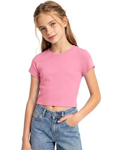 Image of Auranso Girls Crop Tops Kids Short Sleeve T-Shirts Basic Summer Tee Top