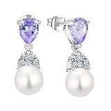 BELRYO Women Pearl Earrings 925 Sterling Silver Teardrop Cubic Zirconia Pearl Dangle Bridal Wedding