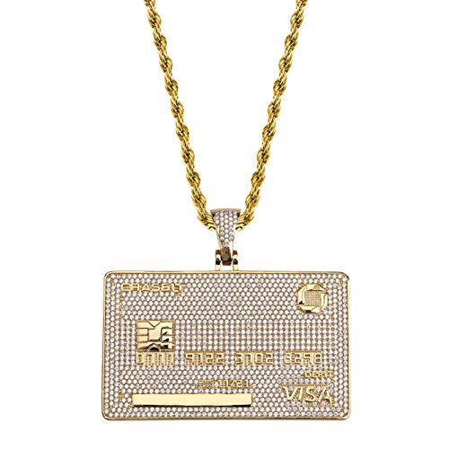 TOPGRILLZ 14K Gold Plated Iced Out Credit V Card Pendant Necklace Chain for Men Charm Gifts Hip Hop Jewelry (Custom Gold)