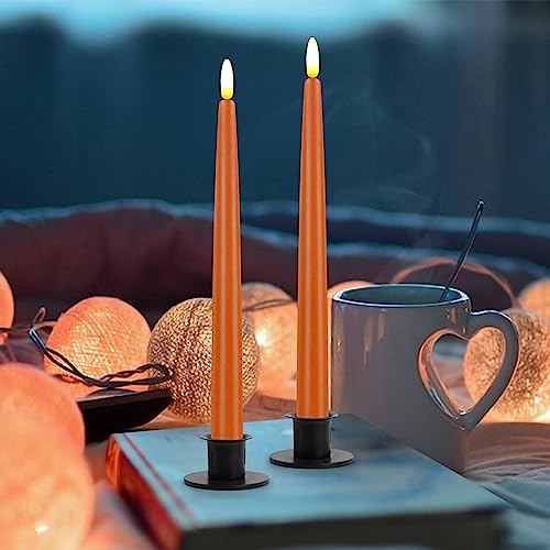 Image of CVHOMEDECO. Flameless Taper Candles with 10-Key Remote, Battery Operated Led Flickering 3D Wick Window Candles Real Wax Finished Home Christmas Party Decor 0.78 x 11 Inch, Pack of 2 (Orange)