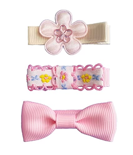 ベビー 赤ちゃん ヘアクリップ 日本製 ヘアピン ミニ 小さめ Baby Deer Clips おはな お花刺繍 ノエル 3点セット (フラミンゴ)