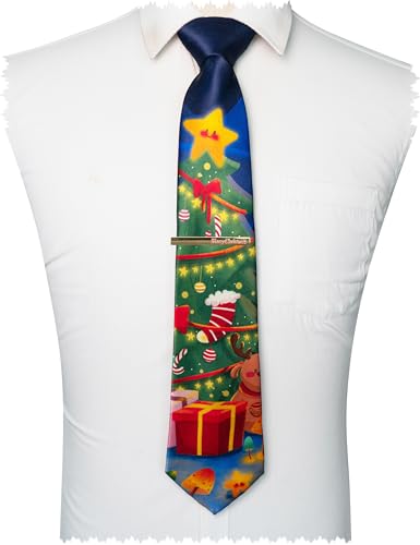 JEMYGINS Green Christmas Ties for Men Novelty Holiday Printed Necktie and Tie Clip Sets(12)