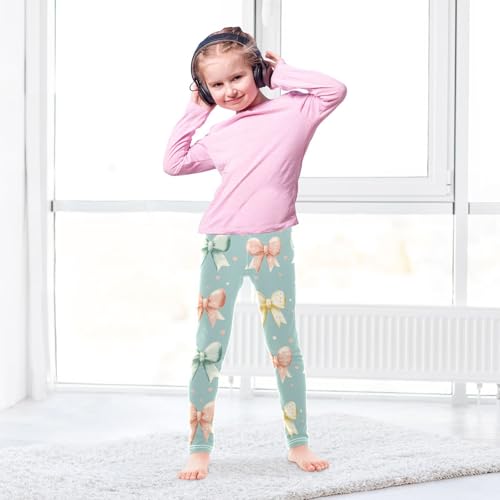 Coquette Pastel Bow Heart Mint Green Girls Leggings Kids Yoga Pants Dance Active Tights 4T4