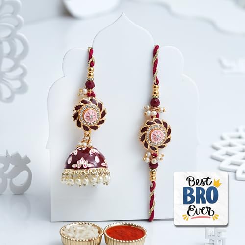 Image of eCraftIndia Brown Beautiful Floral Designer Bhaiya Bhabhi Rakhis with Best Bro Ever Fridge Magnet | Set of 2 Rakhi for Brother and Bhabhi | Lumba Rakhi | Roli Chawal Pack
