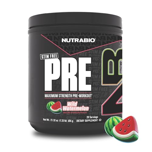 NutraBio STIM-Free PRE Workout for Men, New Formula | Laser Focus, Extreme Pumps | Performance, Endurance | 10g Citrulline, Beta Alanine, Nitrates, Nootropics, Electrolytes - 20 Servings Watermelon