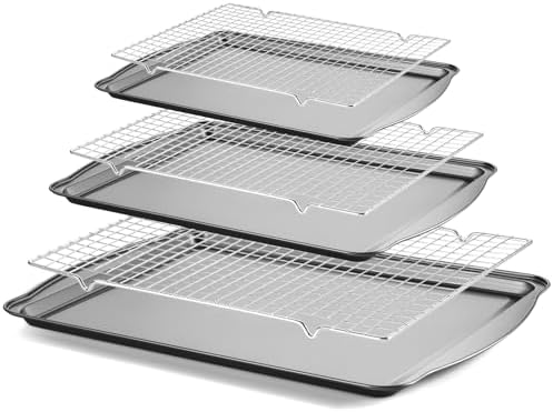 Baking Pan Set of 3 - Carbon Steel Baking Sheets with Cooling Racks, 13/15/17 Inch, Nonstick Cookie Sheets for Baking, Rust & Warp Resistant & Stackable, Nontoxic & Heavy Duty & Easy Clean