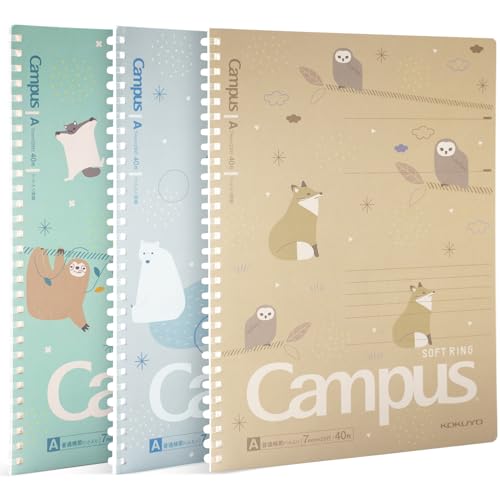 Image of KOKUYO Spiral Notebook Journal, 3 Pack Campus B5 Soft Ring Notebooks with Dotted A 7mm Rule, 40 Sheets, Cute Animal 1 Subject Notebook in Blue Yellow Green, College Office Note Taking. Japan Import