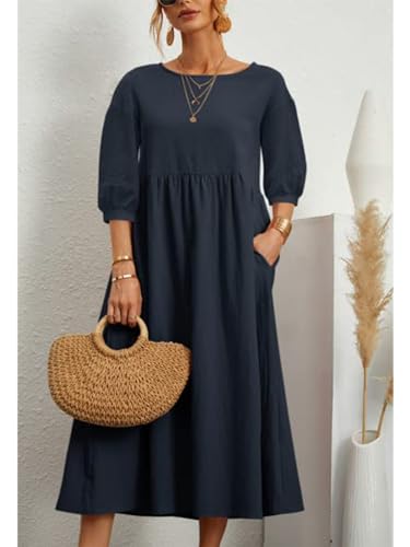 HOTYD Womens Cotton Linen Midi Dress Casual Loose Petite Solid A-line Dress Flowy Summer Beach Vacation Dress with Pockets - Image 3