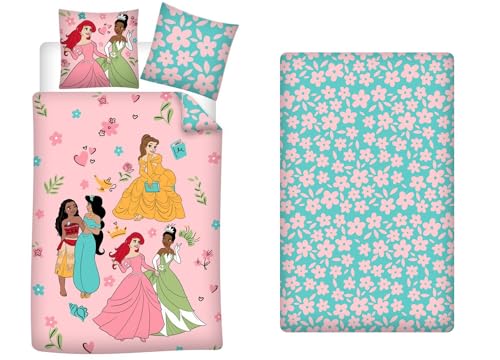 Parure de Lit 3 Pièces Princesses Disney 100% Coton - Housse de Couette 140x200 cm + Taie d'oreiller 65x65 cm + Drap-Housse 90x190 cm