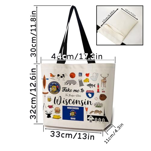 Take Me To Wisconsin Tote Bag Reusable Grocery Bags Aesthetic Shopping Shoulder Handbag with Interior Pocket Lightweight & Washable Stylish Wisconsin Travel Present for Women2