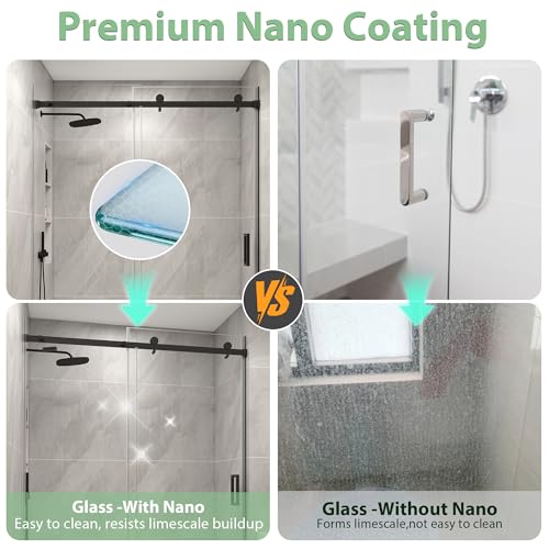 KPUY Frameless Shower Door, 56-60\" W x 76\" H Sliding Glass Shower Door, 1/4\" (6mm) Thick Tempered Clear Glass with Explosion-Proof Film Nano Coating in Matte Black Finish - Thumbnail 5