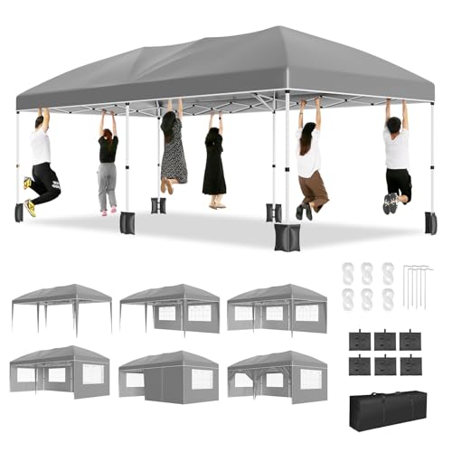 10X20FT Pop Up Wedding Party Tent with 6 Sidewalls, Heavy Duty Commercial Outdoor Canopy All Season Wind & Waterproof Canopy Gazebo with Storage Bag, Gray
