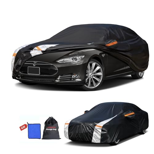Image of 12-Layer Custom Fit Car Cover for Tesla Model S (2012-2026), Upgraded Waterproof All-Weather Full Exterior Cover with Door Zipper, for Snow Rain Dust and Sun UV Protection-Black.