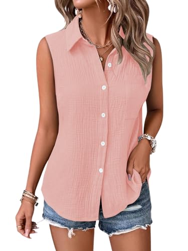 Image of GLASGO Women's 100% Cotton Sleeveless Button Down Shirt | Casual Summer Collared Tank Top | Soft Breathable Fabric Stylish Piece