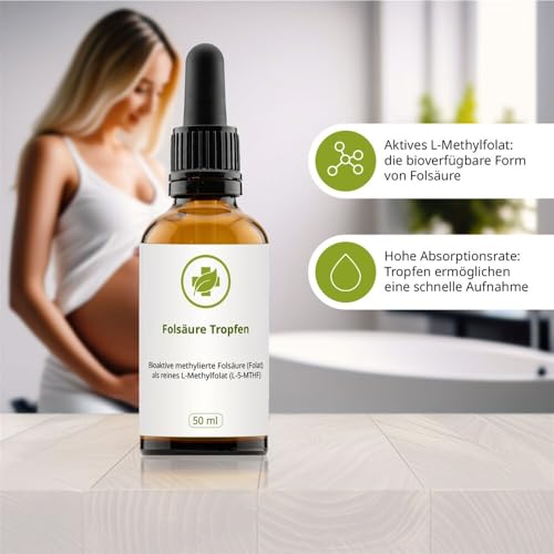 Folsäure Tropfen 50 ml - 400 µg pro Tagesdosis - mit hochaktiver Folsäure-Form Methylfolat - 100% vegan, ohne Zusätze - Deutsche Herstellung