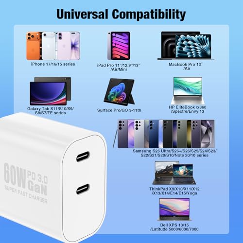 Image of Dual Port Type-C Fast Charger 60W(in total) for iPhone 17 Pro Max, 6 /6 /10 /10FT PD3.0 USBC Fast Charging Cable /Cord for iPhone 17 /16 /15 Pro /Plus, iPad, Samsung Galaxy S26 S25 S24 S23 S22, Android Phone