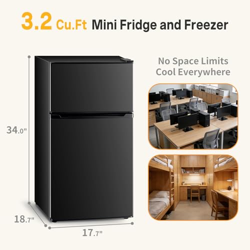 Image of NEWBULIG Mini Fridge with Freezer 3.2 Cu.Ft Small Refrigerator for Office, Dorm, Small Fridge with Adjustable Thermostat, Energy Saving, Dual Door, Black