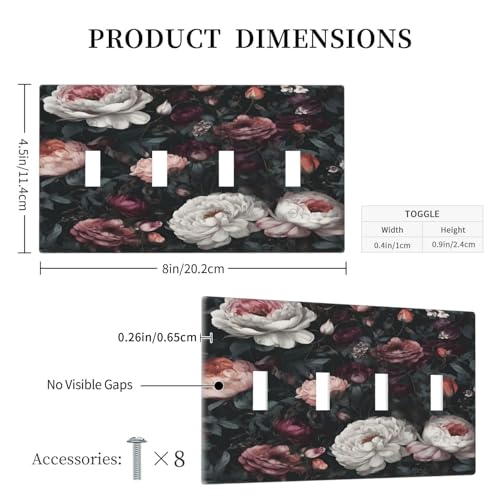 Decorative Light Switch Cover Plate Rustic Big Pink Flowers White Peony Floral 4 Gang Wall Plate Oversized Quad Toggle Switch Cover Plate Jumbo Faceplate for Home Decor