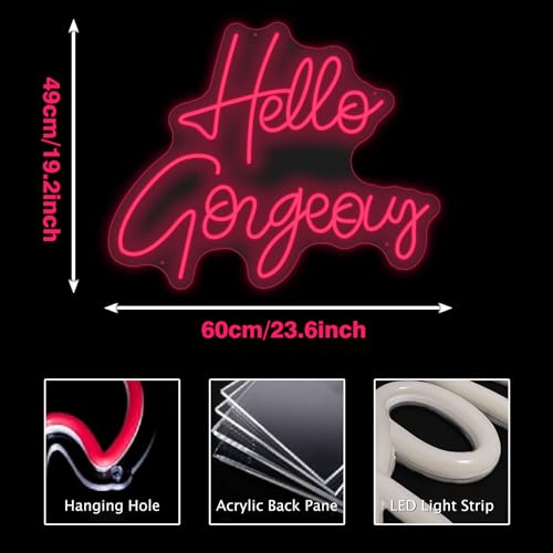 Image of Hello Gorgeous Neon Sign Custom Pink LED Neon Light Decorations for Bedroom Wedding Party Room Home Wall Decor Among (Pink-02)