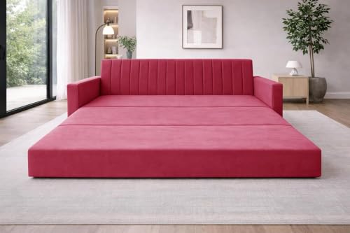 Image of Rosebell Foldable Sofa-Cum-Bed | 3-in-One Convertible Couch with Armrest | Modern Fabric Sofa for Living Room, Bedroom & Office-Red-Color