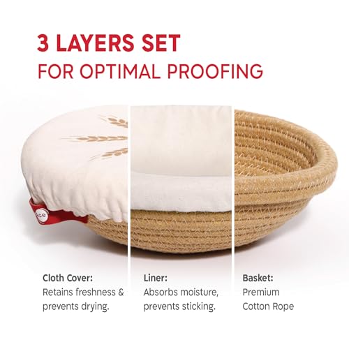 KneadAce Cotton Rope Banneton Bread Proofing Basket Set, 2 Round Baking Baskets with Liners & Covers for Artisan & Sourdough Bread