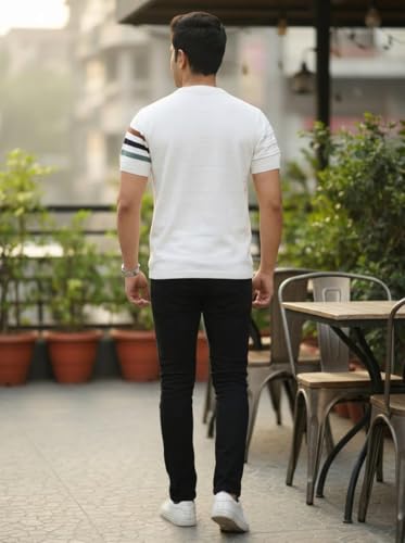 Image of Eonix Mens Regular Fit Round Neck Tshirt with Multicolored Lines Comfortable Cotton Blend Tee for Everyday Wear
