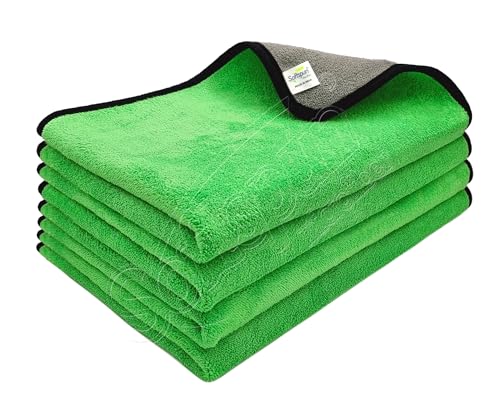 Image of SOFTSPUN Microfiber Cloth for Car Coral 800 GSM 40X60cms 4 Pcs Green+Grey! Extra Thick Microfiber Cleaning Cloths Perfect for Bike, Auto, Cars Both Interior and Exterior.
