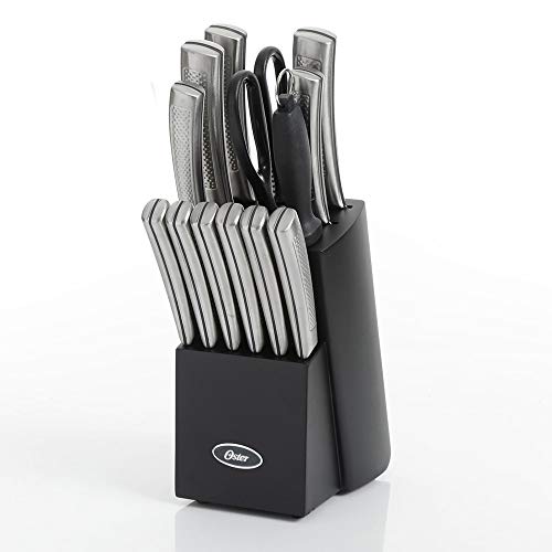 Opiniones de Bloques de cuchillos favoritos de las personas. 43 Oster Wellisford - Juego de cubiertos de cocina de acero inoxidable con soporte de bloque de madera negra y afilador de cuchillos para cortar en casa, 14 piezas (plata)