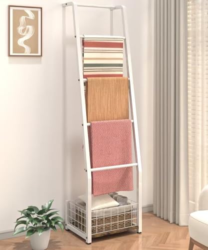 Ansionsol 6.3ft Blanket Ladder with Storage Basket 5 Tier Decorative Ladder Shelf Stand for Living Room & Bedroom Wall-Leaning Blanket Holder Quilt Rack for Home Dcor Rustic Brown & White