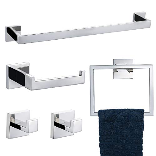 TNOMS Bathroom Hardware Accessories Set Polished Chrome Towel Bar Sets Include Towel Bar Towel Holder Toilet Paper Holder Towel Hook 5 Pieces Stainless Steel Wall Mounted