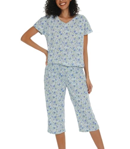 Image of ENJOYNIGHT Womens Pajama Sets Cotton Pj Set Short Sleeve Top With Capri Pants Sleepwear 2 Piece Lounge Set
