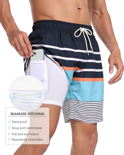 Image of Mens Swim Trunks with Compression Liner 2 in 1 Quick Dry Swimming Shorts Swimwear Bathing Suits with Pockets