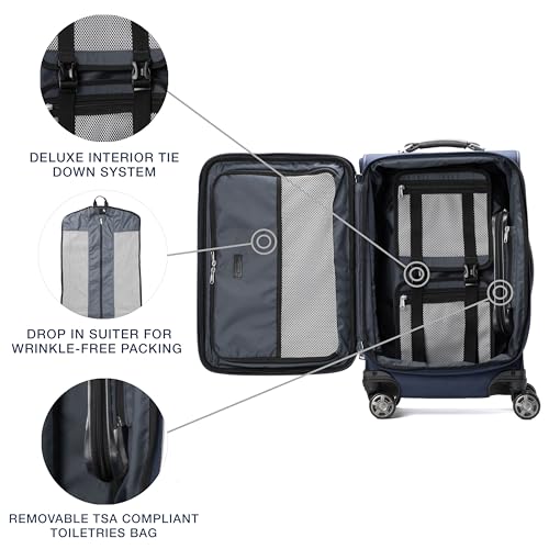 Image of Travelpro Platinum Elite Softside Expandable Carry on Luggage, 8 Wheel Spinner Suitcase, USB Port, Suiter, Men and Women, Dark Blue, Carry On 21-Inch