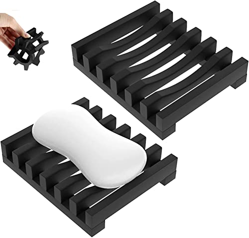 Lot de 2 Porte-Savon, Économiseur Détui à Savon en Silicone, Boîte à Savon de Douche, Nettoyage Facile, Séchage, Évier, Pont de Baignoire, Égouttoir à Savon, Porte-Savon en Silicone pour Savon (black) Cover