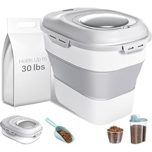 ANVS Dog Food Storage Container Up to 30Lbs Collapsible Dog Food Container with Airtight Lids Scoop and 25L Small Pet Food Storage Container Dry Food For Dog Cat and Other Pet Food Grey