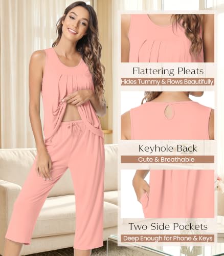 Image of NACHILA Pajamas for Women-Viscose Made from Bamboo, Sleeveless Pjs Tank Top Capri Pants Pajama Sets Cooling Sleepwear