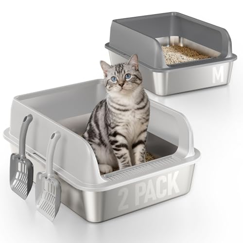 2 Pack Katzenklo Edelstahl Gehege mit Deckel, große Katzentoilette aus Edelstahl, Katzenklo Mit Hochwandigem Seitengehäu...