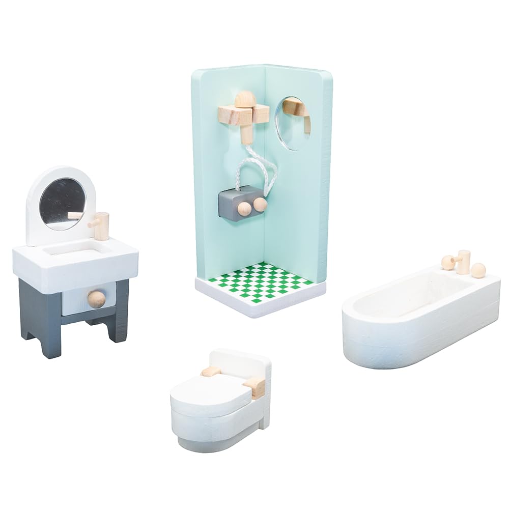 howa Casa delle bambole pieghevole in legno 7016, include 30 mobili, 4 bambole e cane, con 4 stanze, balcone, giardino, scale, casa delle bambole, naturale, beige