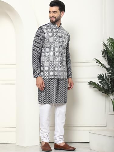 Image of SOJANYA (Since 1958 Men's Cotton Contrast Embroidered Kurta and White Pyjama with Embroidered Nehru Jacket