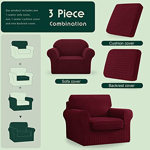 Chun Yi 3 Piece Armchair Sofa Cover, 1 Seater Stretch Couch Slipcover With One Separate Backrest And Cushion With Elastic Band, Houndstooth Fabric( Wine) #TOP2