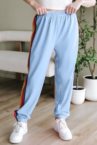 Women's Pink High Waist Sweatpants with Playful Rainbow Stripes2