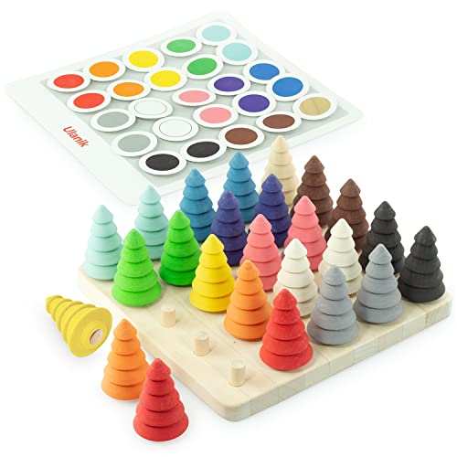 Ulanik Tannenbäume auf dem Brett Montessori Spielzeug Holzsortierspiel 25 Tannenbäume 55 mm Ab 3+ Jahre Lernspielzeug für Vorschule für Farbsortierung und Zählen