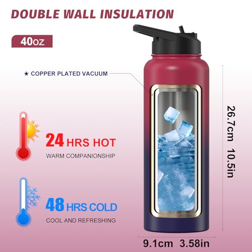 WATERSY 40oz Stainless Steel Vacuum Insulated Water Bottle - 1200ml Drink Flask with 2 Leakproof Lids for Cold & Hot Beverages, Ideal for Sports and Travel - Image 3