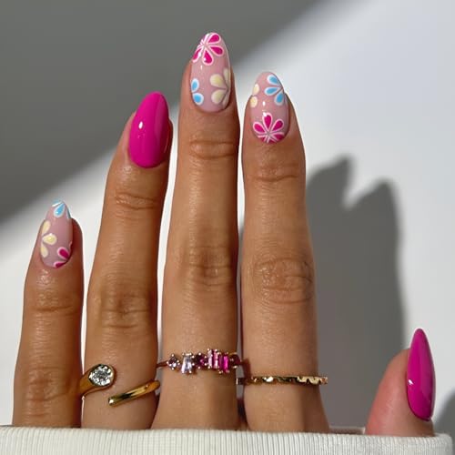 Colorful Flower Press on Nails Medium Almond Fake Nails Glossy Fu...